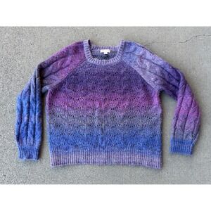 Purple Blue Ombre Cable Knit Sweater Women L Boho Cozy Fairycore Snugly